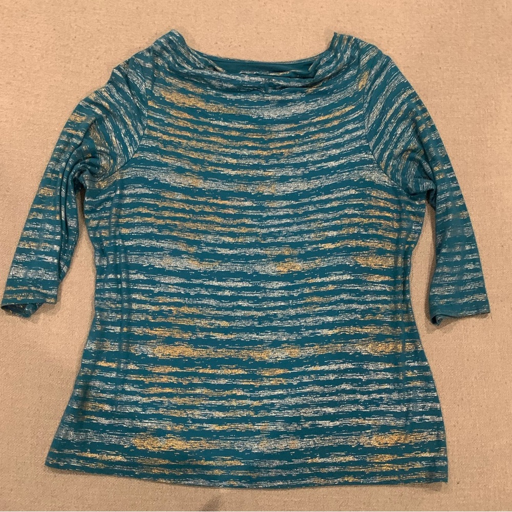 Coldwater Creek Teal and Gold Patterned Top